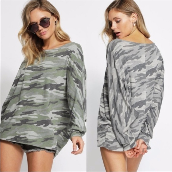 LAST! Camo Slouchy Off Shoulder Top - Picture 2 of 3